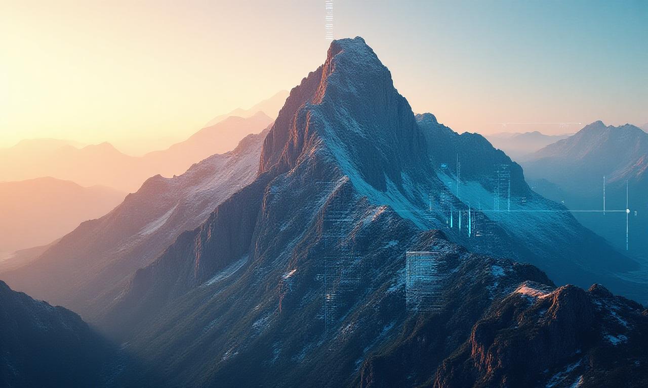 Abstract representation of mountain summit with data overlay